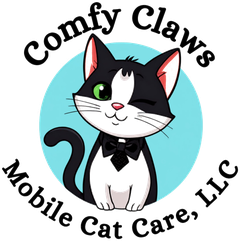 Comfy Claws Mobile Cat Care, LLC logo: a winking tuxedo cat in a bow tie