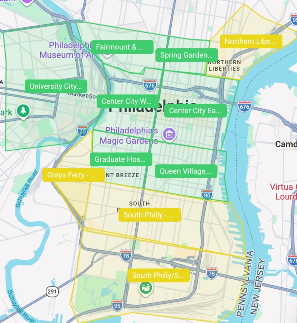 Color-coded map of Comfy Claws travel-fee zones in Philadelphia: green zones including Fairmount, Spring Garden, University City, Center City, Graduate Hospital and Queen Village; yellow zones including Northern Liberties, Grays Ferry and South Philadelphia