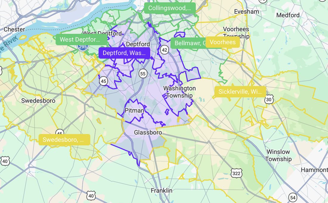 Color-coded map of Comfy Claws travel-fee zones in South Jersey: purple zones including Deptford, Washington Township and Pitman carry a $3.25 travel fee; green zones including West Deptford, Bellmawr and Collingswood carry a $6.75 travel fee; yellow zones including Swedesboro, Voorhees and Sicklerville carry a $9.25 travel fee